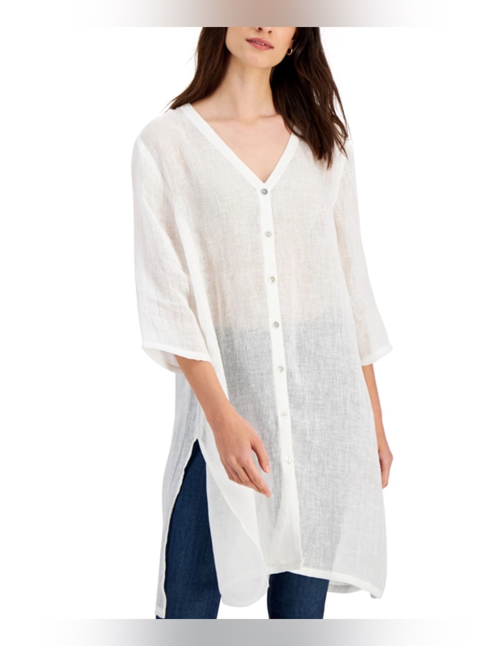 Eileen Fisher Organic Linen Longline V-Neck Tunic Shirt in white. Size Large